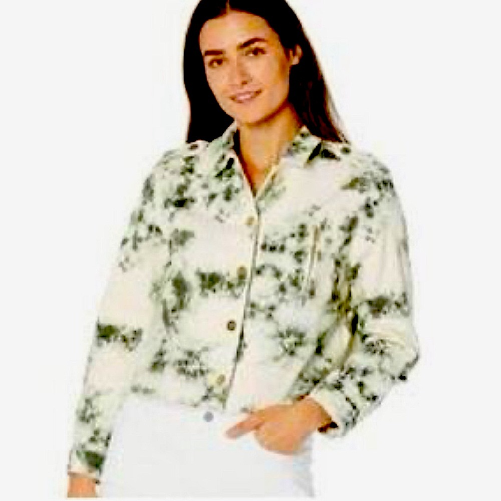 Sanctuary Tie Dye Cropped Denim Jacket Frayed Hem Cream Olive Green XS